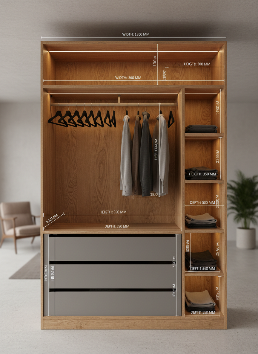 A close-up photographic view of a high-end, custom wardrobe interior rendered as a 3D technical visualization. Shelves, drawers, and hanging rails are precisely dimensioned with subtle faint measurement lines and annotations hovering neatly around the structure. Finishes include warm oak wood grain, soft-close matte grey drawers, and integrated LED light strips recessed along the upper panel. The environment is a calm, neutral-toned room with a smooth concrete floor and a softly blurred background. A gentle, even studio light from above and one side gives clear legibility to every edge and surface. Shot at eye level with moderate depth of field, creating a polished, highly professional mood that emphasizes detailed furniture design and technical clarity.