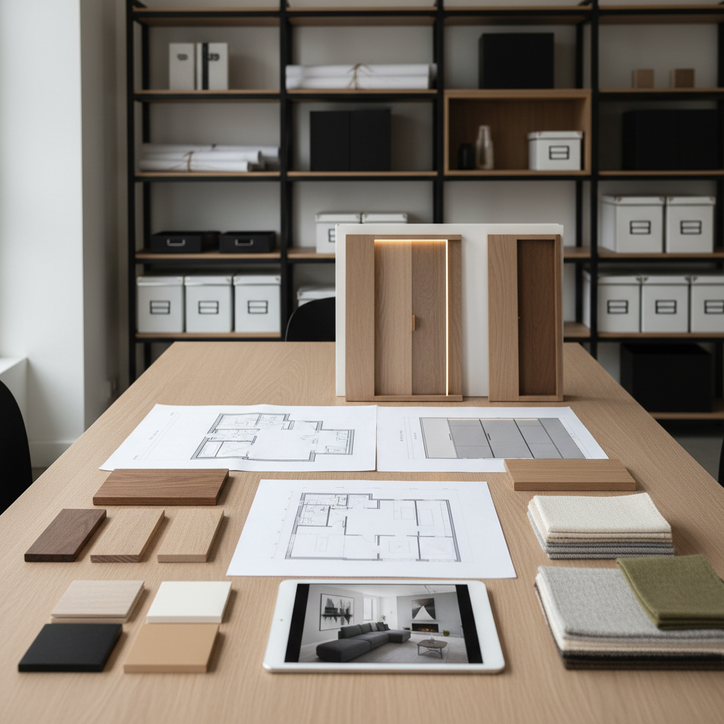 A minimalist meeting table in a contemporary studio, with an in-progress interior project laid out: a printed floor plan, scaled elevations of custom wardrobes, and a 3D render of a modern living room on a high-resolution tablet screen. Around the documents are neatly placed material samples of wood veneers, matte lacquer chips, and fabric swatches in neutral tones. The background shows blurred shelving with rolled technical drawings and organized storage boxes. Soft, diffused natural light from a side window creates a calm, focused mood. Photographic realism, eye-level composition, with a shallow depth of field that keeps the project materials in crisp focus, emphasizing collaboration between design study and technical execution.