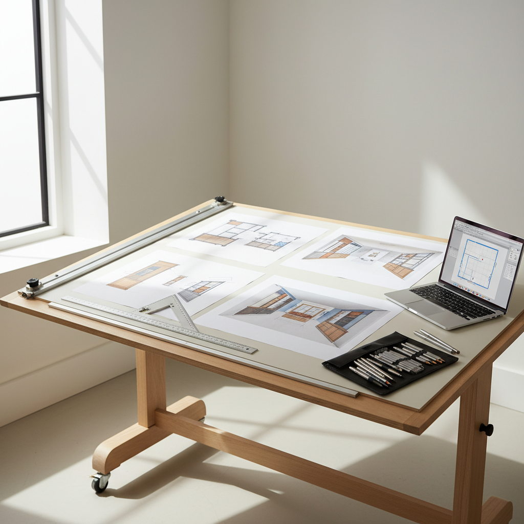 A large drafting table in a pristine interior design studio, covered with neatly arranged technical drawings of custom cabinetry and living room layouts. Smooth white paper shows precise 2D plans and detailed 3D axonometric views in dark graphite and subtle color accents. Nearby, metal rulers, a mechanical pencil set, and an open laptop displaying a clean CAD interface rest on the matte surface. Soft daylight from a tall window washes over the scene, creating gentle shadows and crisp highlights on the tools. Photographic realism, shot from a slightly elevated angle with sharp focus, conveying a professional, orderly, and highly technical atmosphere suited for an interior design and furniture detailing practice.