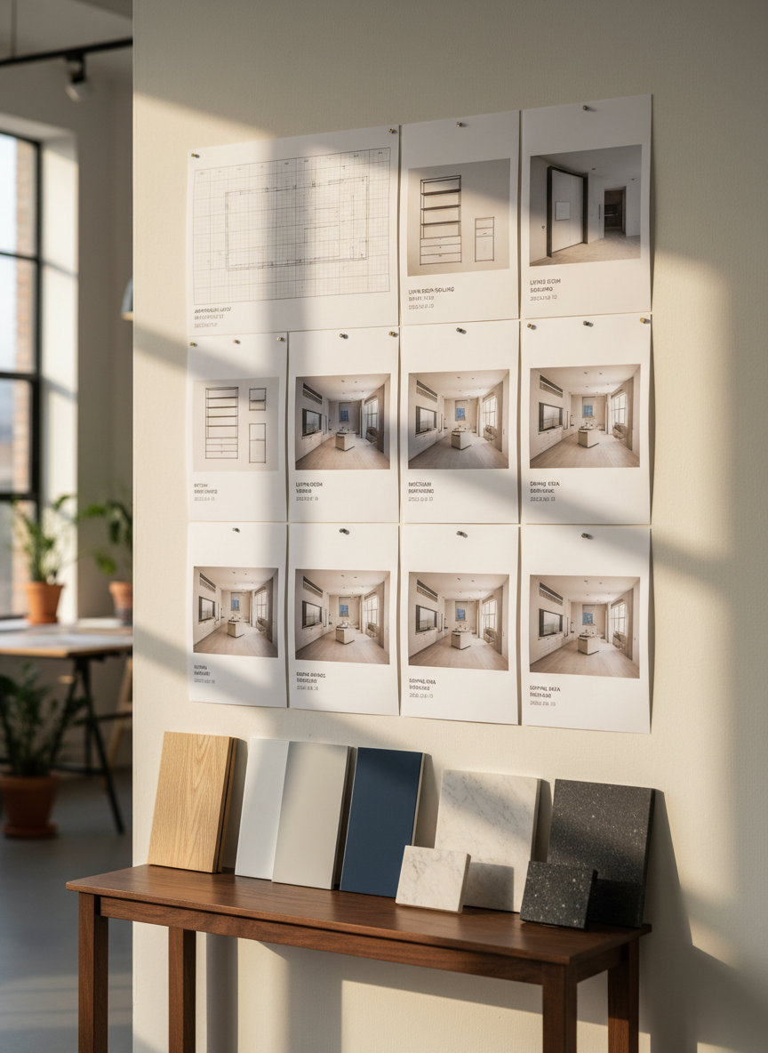 A bright studio wall-mounted pinboard filled with coordinated project elements for a single apartment: printed 2D floor plans, elevation drawings of custom furniture, and small 3D render images of the finished rooms. Each sheet is aligned with precision, with discrete labels indicating room names and revision dates. Below, a narrow console holds orderly rows of material samples in wood, lacquer, and stone, arranged from light to dark. Gentle, natural afternoon light from a side window illuminates the board, enhancing the textures of paper and materials while leaving the rest of the room softly out of focus. Photographic realism, shot at slight angle with rule-of-thirds composition, conveying a professional, organized design process from study to execution.