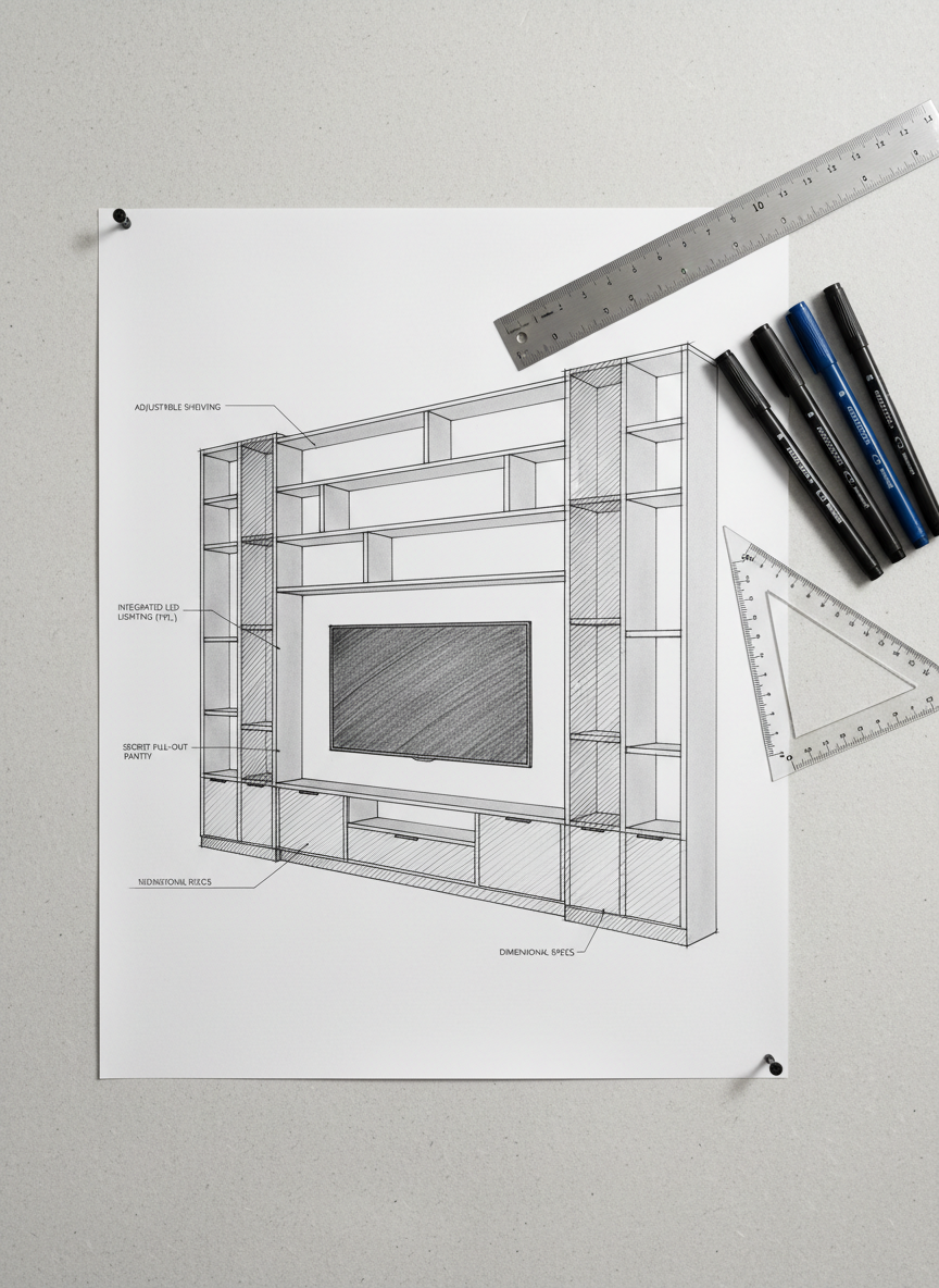 A meticulously detailed technical drawing pinned flat on a light grey drawing board, showing a complex living room wall system with custom shelving, integrated TV niche, and hidden storage. Thin, sharp line work in dark graphite is complemented by carefully hatched sections and fine annotations in tidy lettering. Alongside the drawing lie a metal scale ruler, a set of fine-line pens, and a triangular set square with clear edges. Soft top-down studio lighting emphasizes the texture of the paper and the slight emboss of the drawn lines, casting delicate shadows from the tools. Photographic realism with a top-down, bird’s-eye composition, creating a calm, precise, and highly professional atmosphere centered on technical interior detailing.