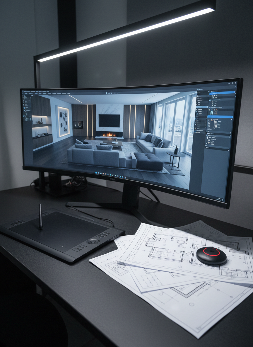 An elegant workspace corner featuring a powerful workstation with a large curved monitor displaying a detailed 3D model of a modern living room: custom wall units, integrated lighting channels, and precise furniture placement visible in shaded, realistic rendering. On the desk, a graphic tablet with stylus, a stack of printed 2D executive plans, and a color-calibrated monitor puck are arranged with deliberate order. The desk surface is matte black, contrasting with the bright interface. Cool, controlled artificial lighting from a linear LED fixture above produces minimal reflections and crisp, technical clarity. Photographic realism, slightly angled composition from standing height, evoking a focused, high-tech environment dedicated to transforming client concepts into precise 2D and 3D deliverables.