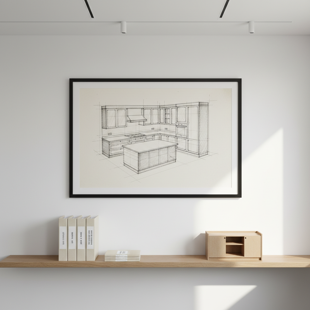 A clean white wall in a design office displaying a large, framed technical drawing of a bespoke kitchen, rendered in fine black lines with carefully shaded 3D perspective. Below it, a slim floating shelf holds stacked project folders labeled with room names and dates, and a small model of a base cabinet in raw MDF. The space is illuminated by a combination of cool, even overhead lighting and a narrow beam of natural light from an unseen window, casting subtle shadows under the shelf. The mood is precise and professional, with a photographic, clean and modern aesthetic. Captured front-on with symmetrical composition, highlighting the importance of accurate, executive drawings in interior design.